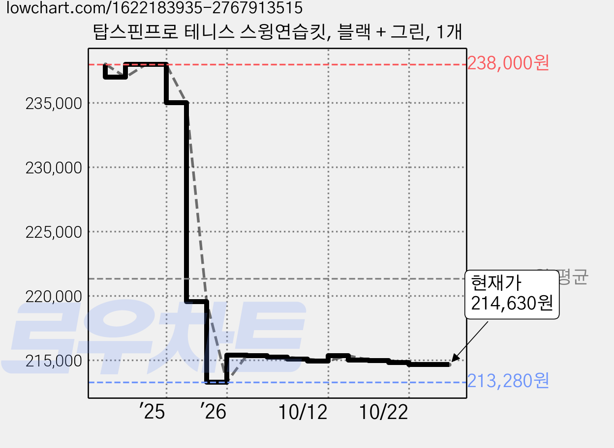 탑스핀프로 테니스 스윙연습킷, 블랙 + 그린, 1개 가격 변동 차트, 현재가 214,630원, 관측 최저가 213,280원