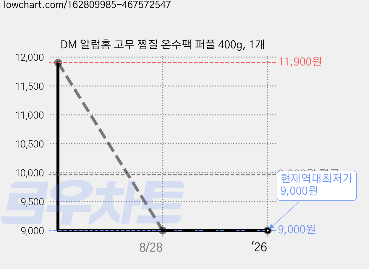 DM 알럽홈 고무 찜질 온수팩 퍼플 400g, 1개 가격 변동 차트, 현재가 9,000원, 역대최저가