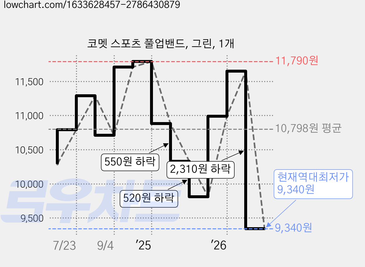 코멧 스포츠 풀업밴드, 그린, 1개 가격 변동 차트, 현재가 9,340원, 역대최저가