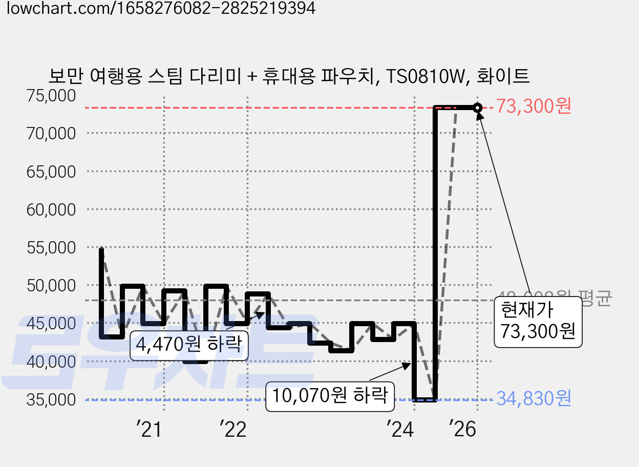 보만 여행용 스팀 다리미 + 휴대용 파우치, TS0810W, 화이트 가격 변동 차트, 현재가 73,300원, 관측 최저가 33,540원