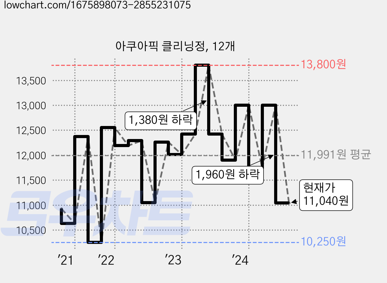 아쿠아픽 클리닝정, 12개 가격 변동 차트, 현재가 11,040원, 관측 최저가 9,900원