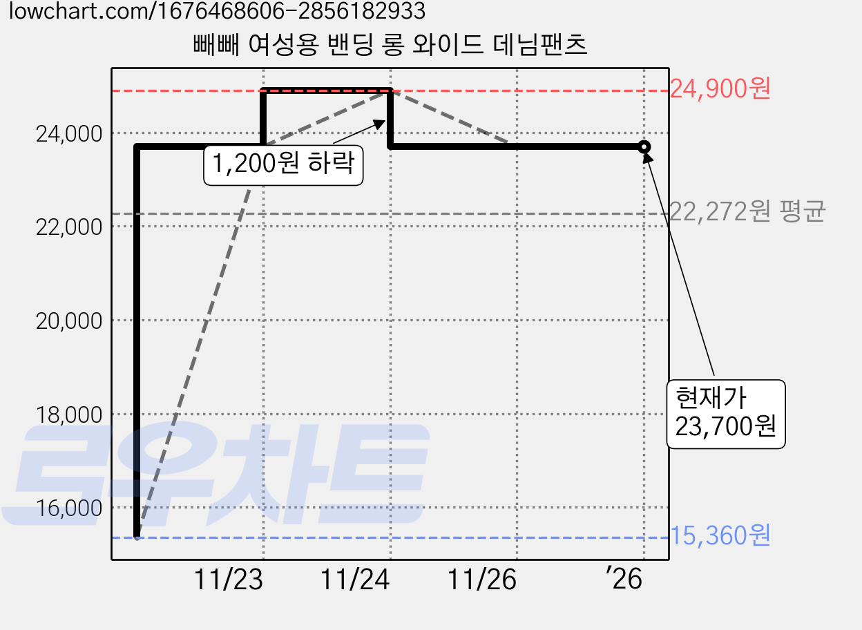 빼빼 여성용 밴딩 롱 와이드 데님팬츠 가격 변동 차트, 현재가 23,700원, 역대최저가