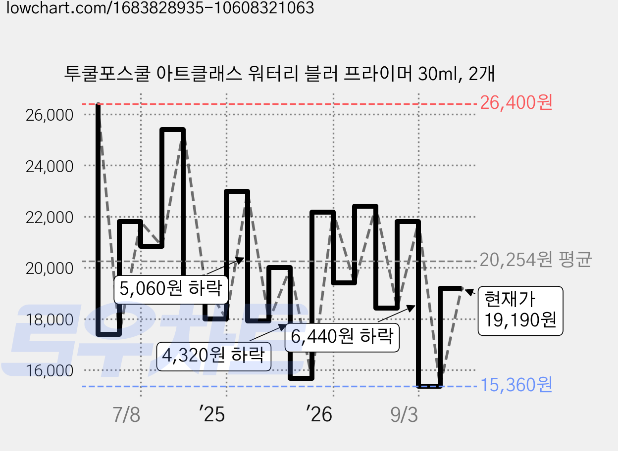 투쿨포스쿨 아트클래스 워터리 블러 프라이머 30ml, 2개 가격 변동 차트, 현재가 19,190원, 관측 최저가 15,360원