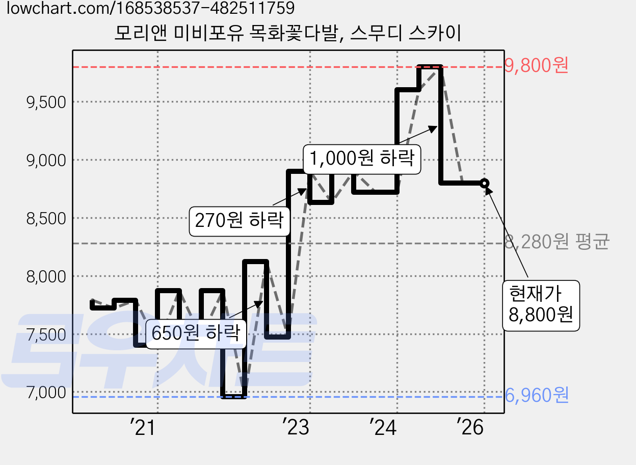 모리앤 미비포유 목화꽃다발, 스무디 스카이 가격 변동 차트, 현재가 8,800원, 역대최저가