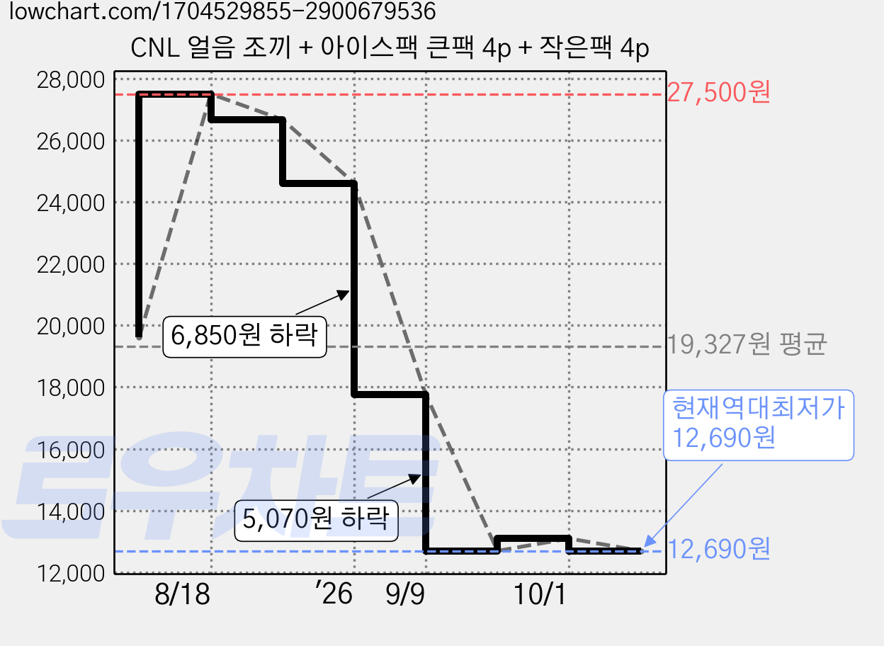 CNL 얼음 조끼 + 아이스팩 큰팩 4p + 작은팩 4p 가격 변동 차트, 현재가 12,690원, 역대최저가