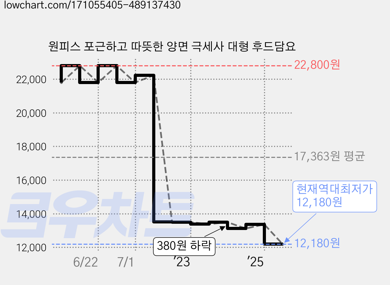 원피스 포근하고 따뜻한 양면 극세사 대형 후드담요 가격 변동 차트, 현재가 12,180원, 역대최저가