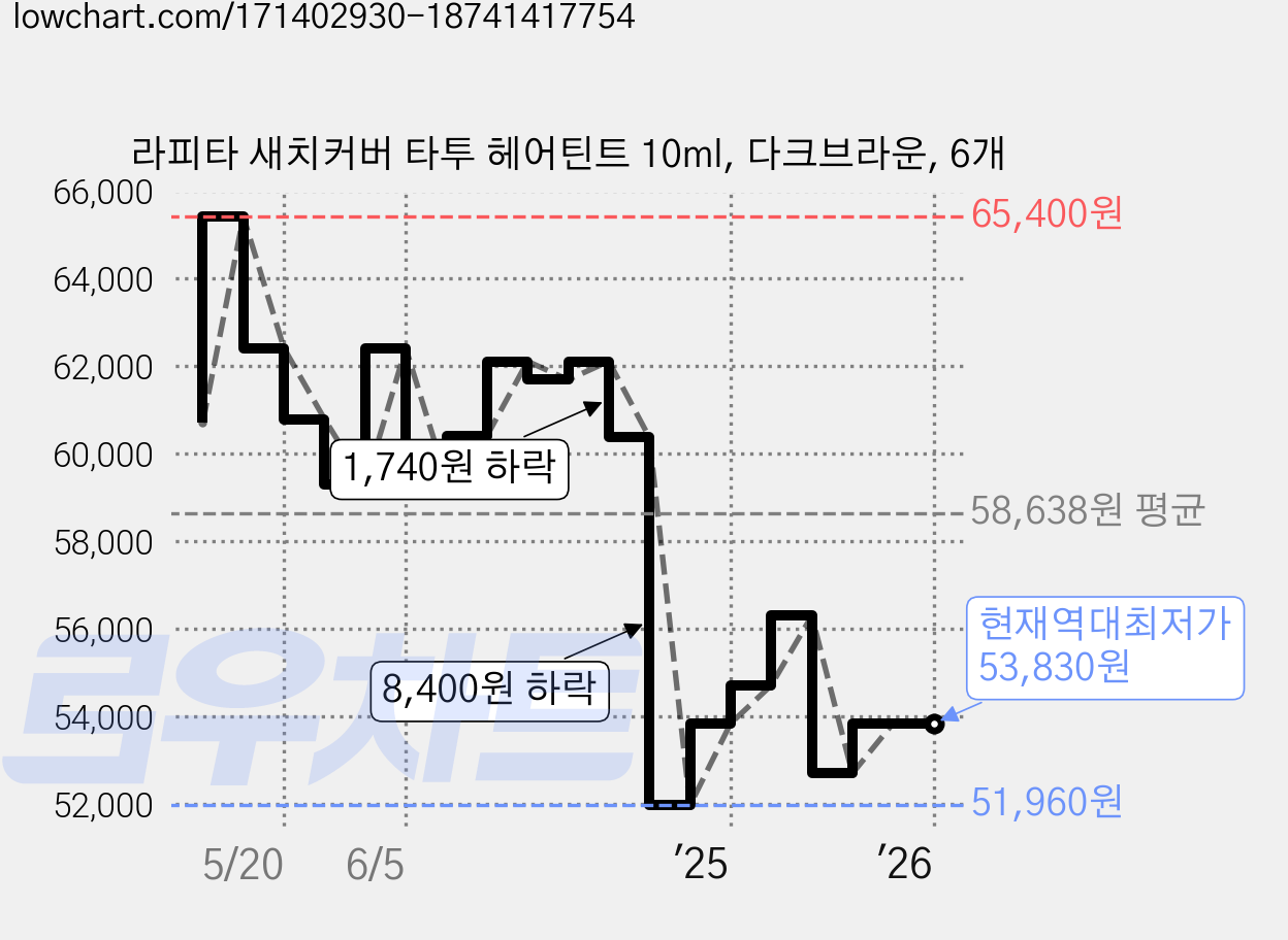 라피타 새치커버 타투 헤어틴트 10ml, 다크브라운, 6개 가격 변동 차트, 현재가 53,830원, 역대최저가