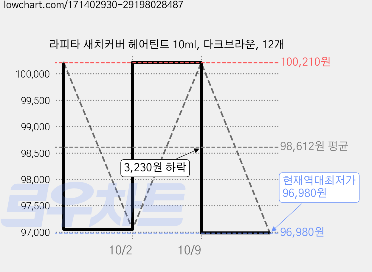 라피타 새치커버 헤어틴트 10ml, 다크브라운, 12개 가격 변동 차트, 현재가 96,980원, 역대최저가