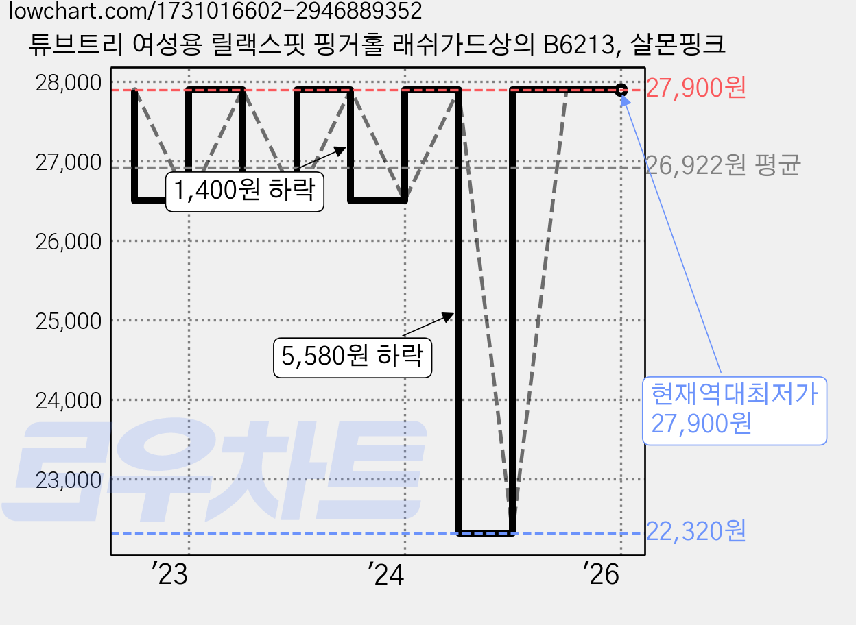 튜브트리 여성용 릴랙스핏 핑거홀 래쉬가드상의 B6213, 살몬핑크 가격 변동 차트, 현재가 27,900원, 역대최저가
