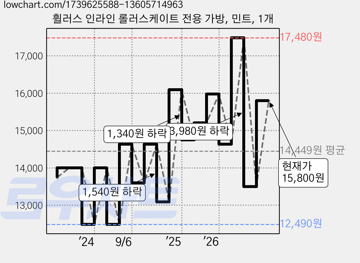 휠러스 인라인 롤러스케이트 전용 가방, 민트, 1개 가격 변동 차트, 현재가 15,800원, 관측 최저가 12,490원