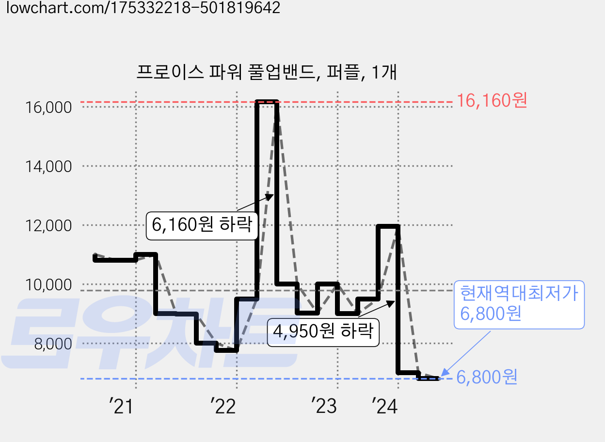 프로이스 파워 풀업밴드, 퍼플, 1개 가격 변동 차트, 현재가 6,800원, 역대최저가