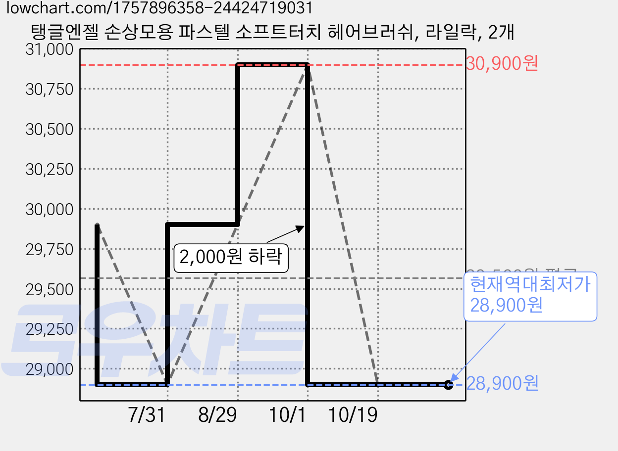 탱글엔젤 손상모용 파스텔 소프트터치 헤어브러쉬, 라일락, 2개 가격 변동 차트, 현재가 28,900원, 역대최저가