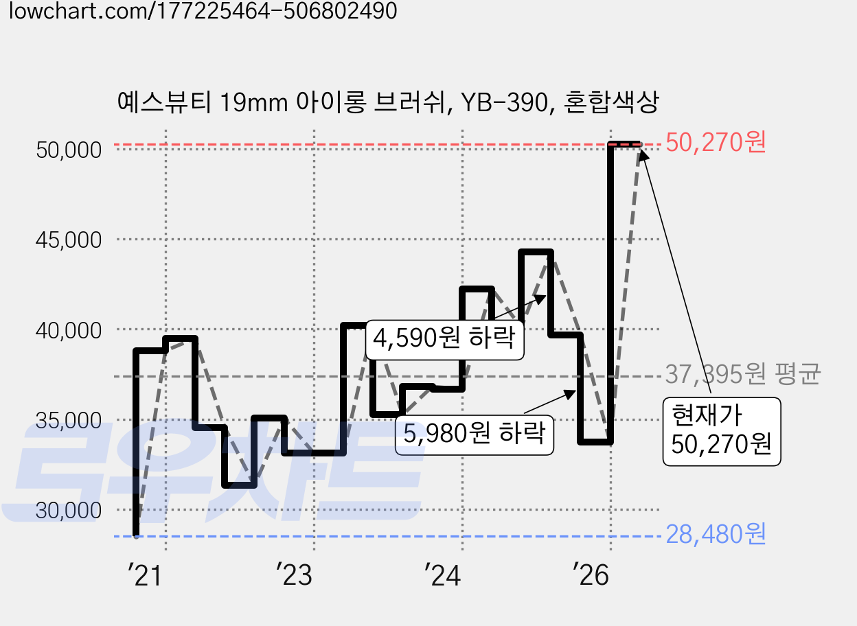 예스뷰티 19mm 아이롱 브러쉬, YB-390, 혼합색상 가격 변동 차트, 현재가 50,270원, 관측 최저가 28,480원