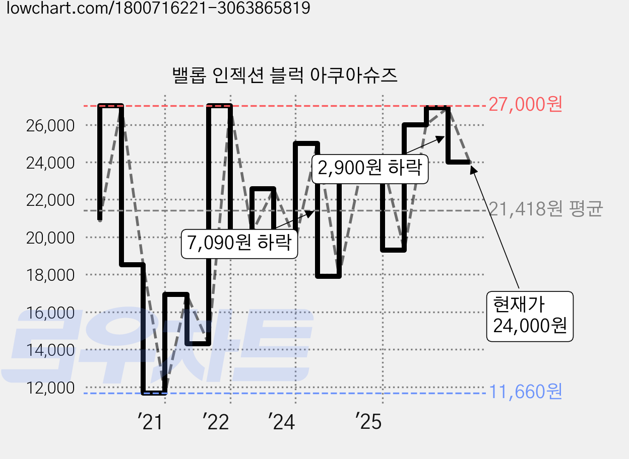 밸롭 인젝션 블럭 아쿠아슈즈 가격 변동 차트, 현재가 24,000원, 관측 최저가 10,710원