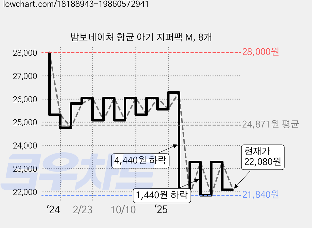 밤보네이처 항균 아기 지퍼팩 M, 8개 가격 변동 차트, 현재가 22,080원, 관측 최저가 21,840원