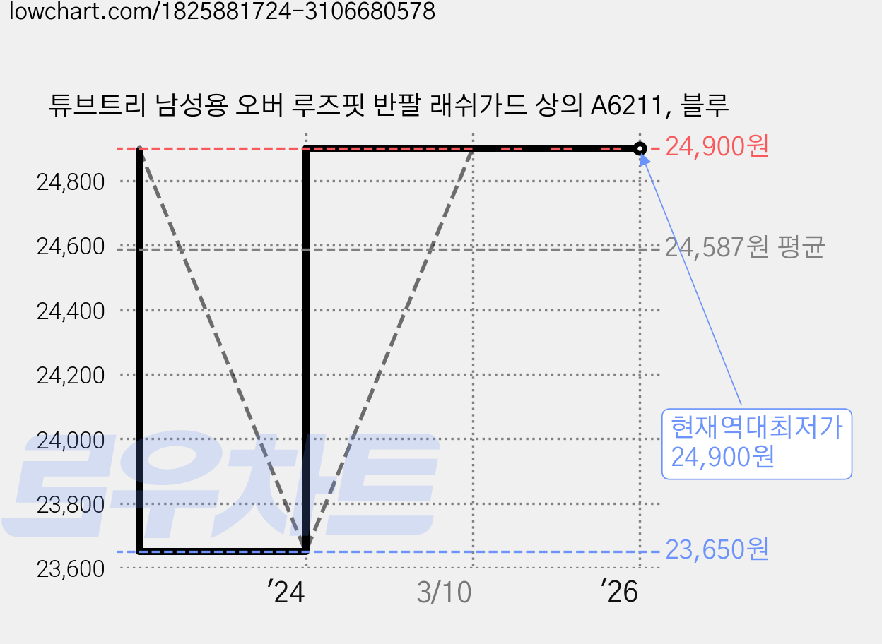 튜브트리 남성용 오버 루즈핏 반팔 래쉬가드 상의 A6211, 블루 가격 변동 차트, 현재가 24,900원, 역대최저가