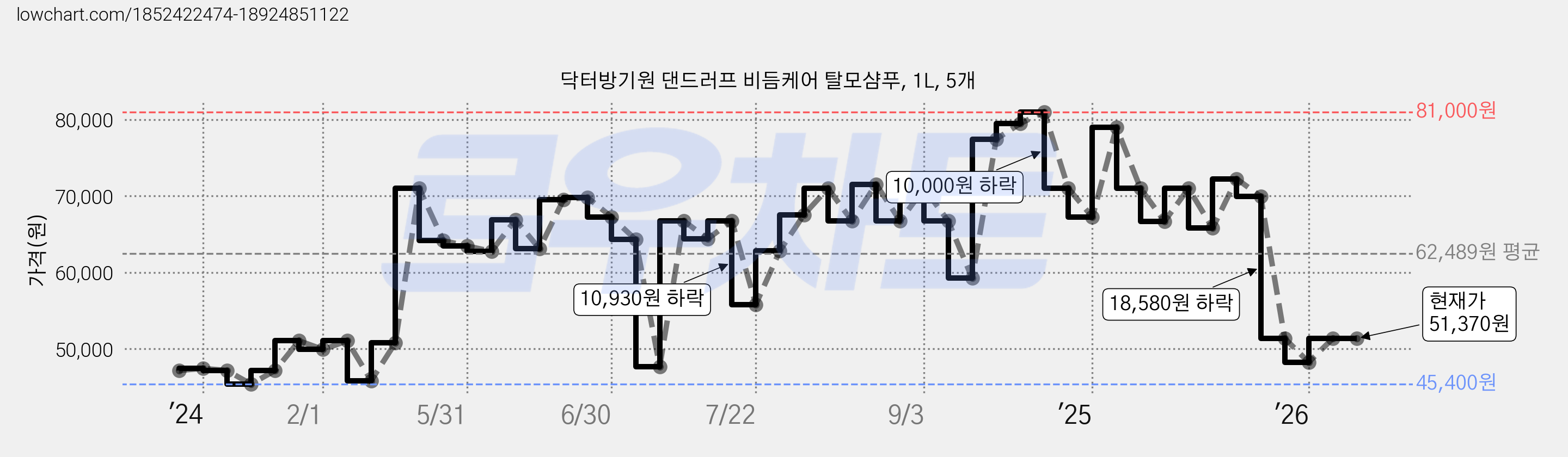닥터방기원 댄드러프 비듬케어 탈모샴푸, 1L, 5개 가격 변동 차트, 현재가 51,370원, 관측 최저가 45,400원