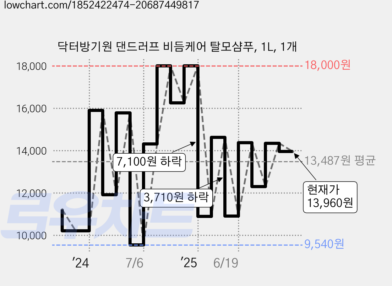 닥터방기원 댄드러프 비듬케어 탈모샴푸, 1L, 1개 가격 변동 차트, 현재가 13,960원, 관측 최저가 9,540원