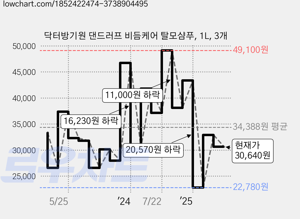 닥터방기원 댄드러프 비듬케어 탈모샴푸, 1L, 3개 가격 변동 차트, 현재가 30,640원, 관측 최저가 22,780원