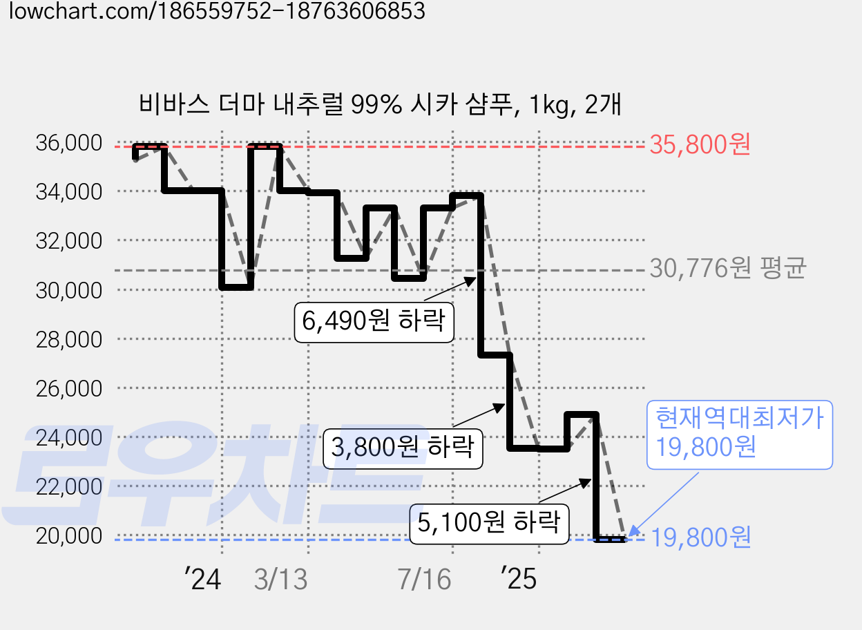 비바스 더마 내추럴 99% 시카 샴푸, 1kg, 2개 가격 변동 차트, 현재가 19,800원, 역대최저가