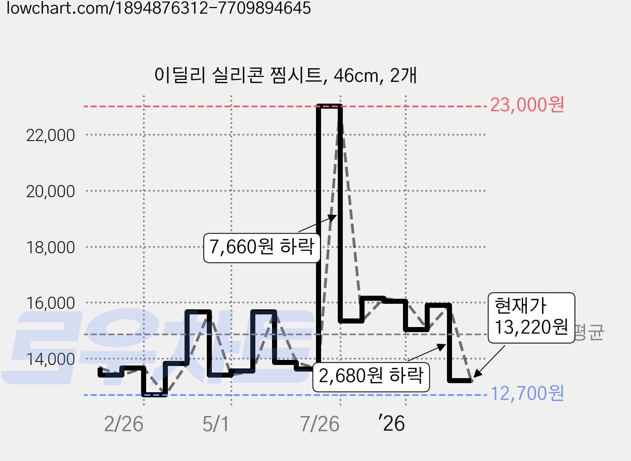 이딜리 실리콘 찜시트, 46cm, 2개 가격 변동 차트, 현재가 13,220원, 관측 최저가 12,700원