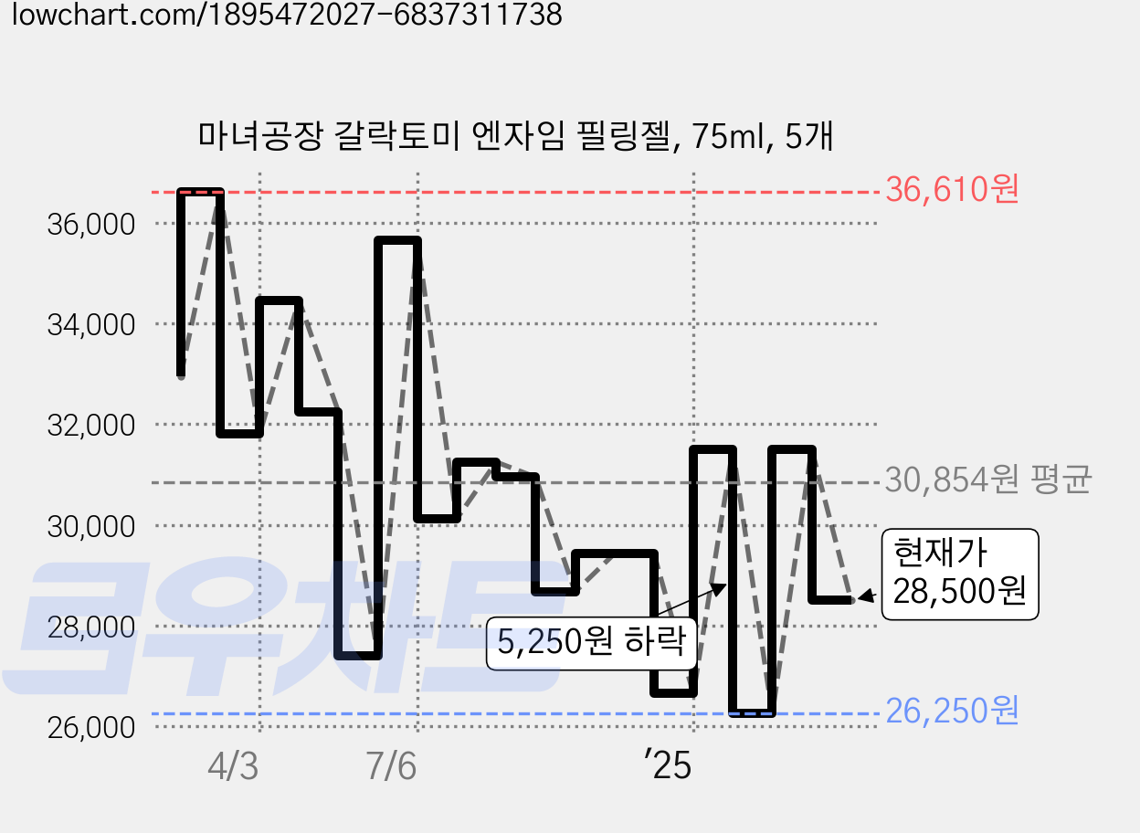 마녀공장 갈락토미 엔자임 필링젤, 75ml, 5개 가격 변동 차트, 현재가 28,500원, 관측 최저가 23,520원