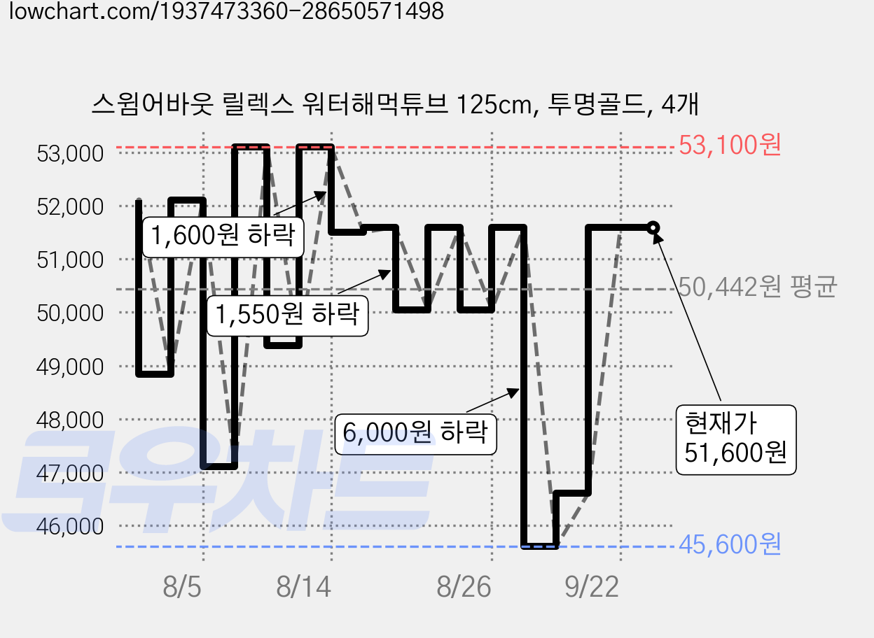 스윔어바웃 릴렉스 워터해먹튜브 125cm, 투명골드, 4개 가격 변동 차트, 현재가 51,600원, 관측 최저가 45,600원