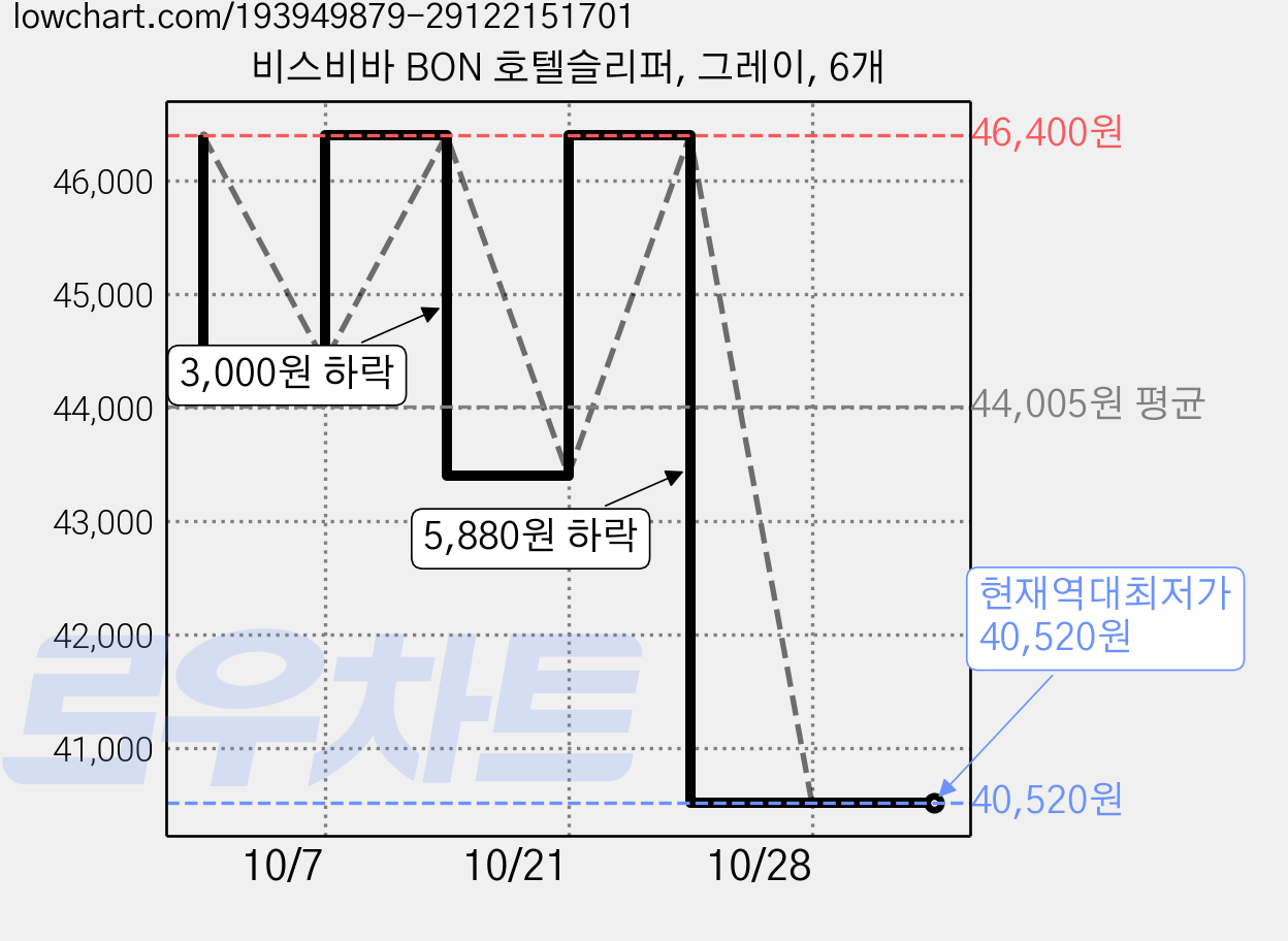 비스비바 BON 호텔슬리퍼, 그레이, 6개 가격 변동 차트, 현재가 40,520원, 역대최저가