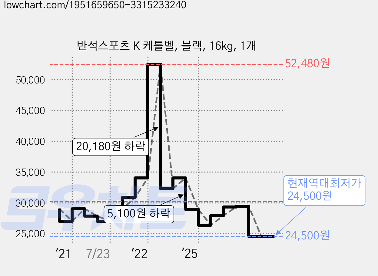 반석스포츠 K 케틀벨, 블랙, 16kg, 1개 가격 변동 차트, 현재가 24,500원, 역대최저가