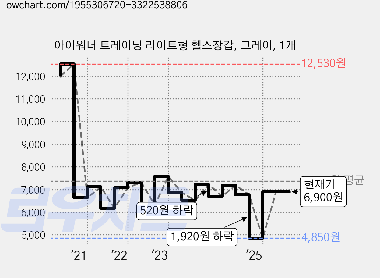 아이워너 트레이닝 라이트형 헬스장갑, 그레이, 1개 가격 변동 차트, 현재가 6,900원, 관측 최저가 4,850원