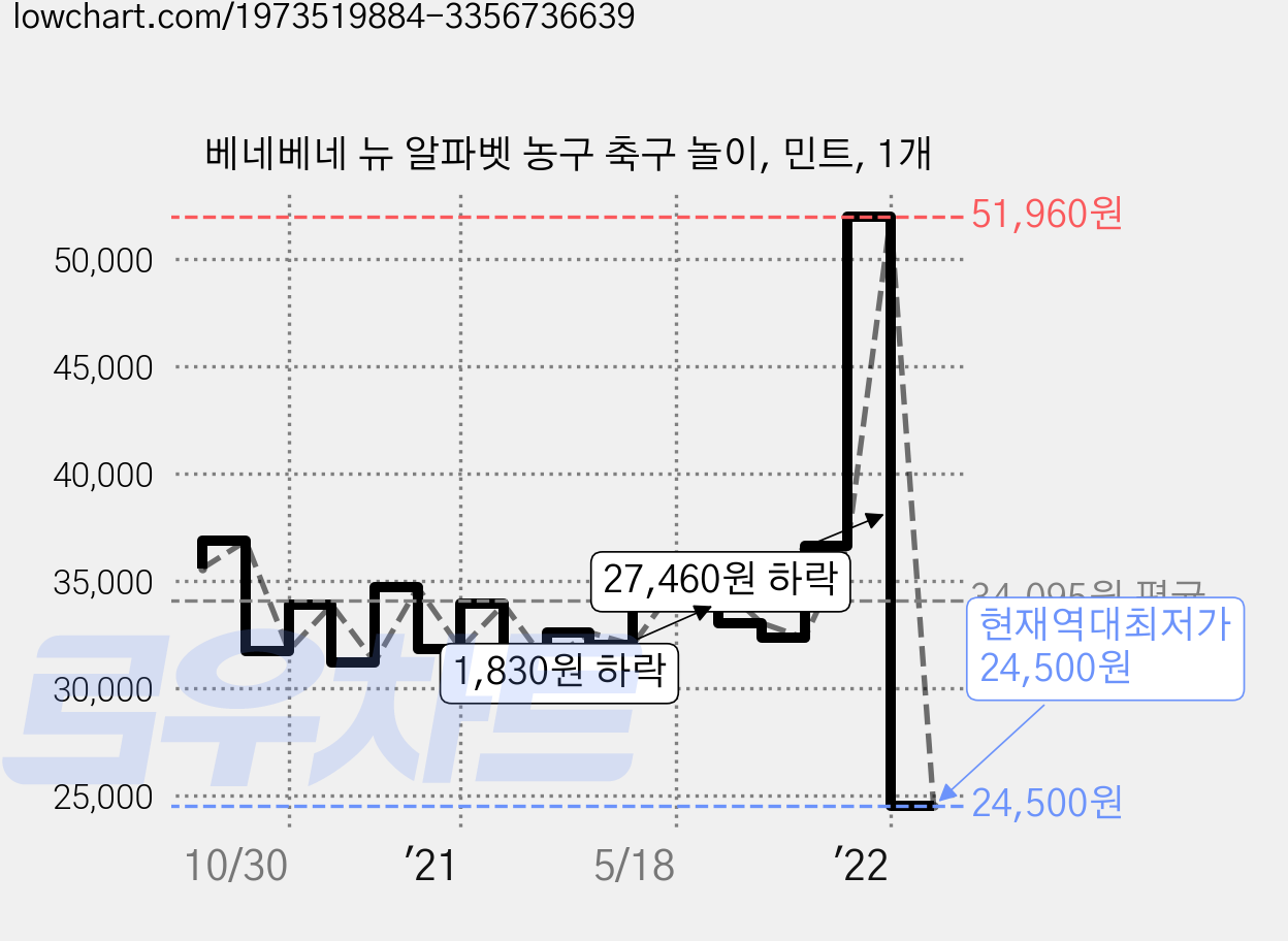 베네베네 뉴 알파벳 농구 축구 놀이, 민트, 1개 가격 변동 차트, 현재가 24,500원, 역대최저가