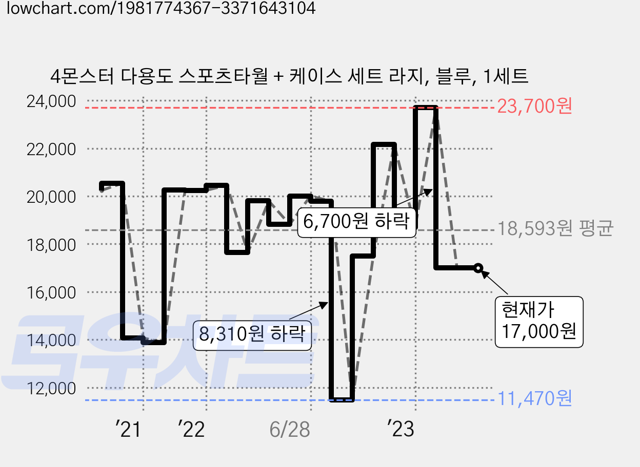 4몬스터 다용도 스포츠타월 + 케이스 세트 라지, 블루, 1세트 가격 변동 차트, 현재가 17,000원, 관측 최저가 10,500원