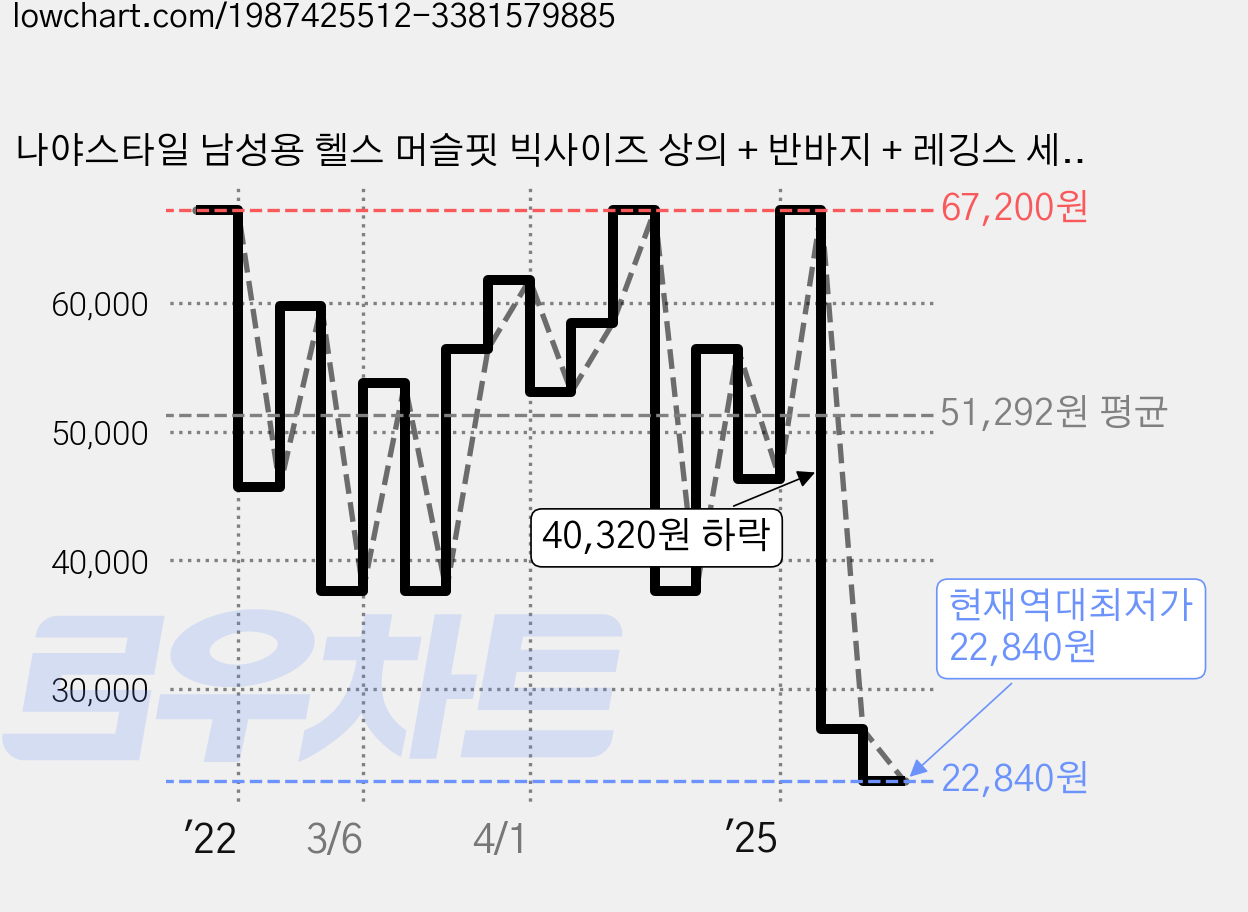 나야스타일 남성용 헬스 머슬핏 빅사이즈 상의 + 반바지 + 레깅스 세트 HL-06-2 가격 변동 차트, 현재가 22,840원, 역대최저가