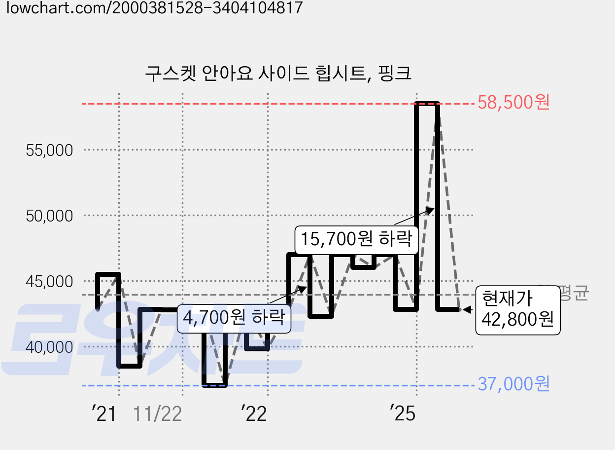 구스켓 안아요 사이드 힙시트, 핑크 가격 변동 차트, 현재가 42,800원, 관측 최저가 37,000원