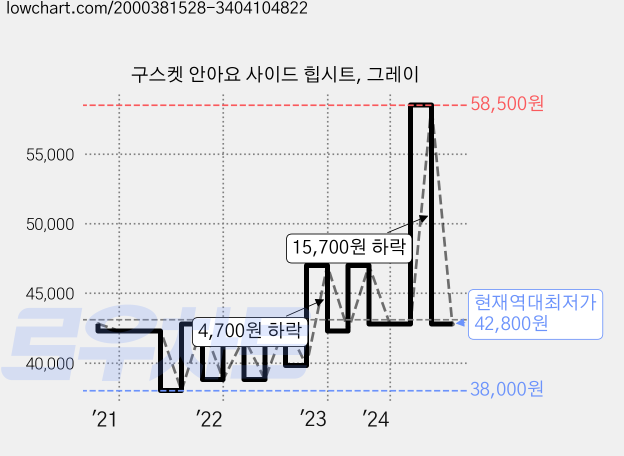 구스켓 안아요 사이드 힙시트, 그레이 가격 변동 차트, 현재가 42,800원, 역대최저가