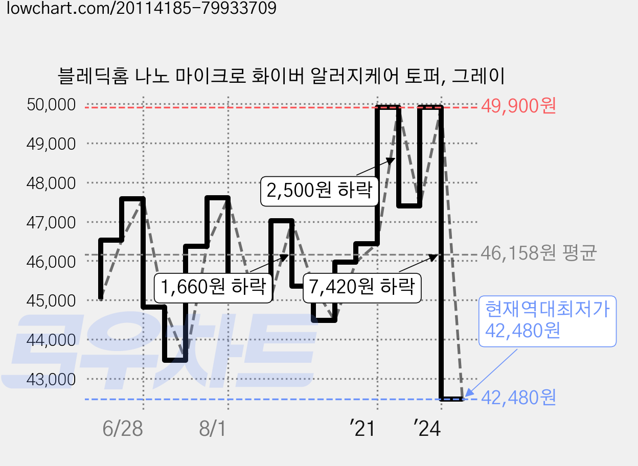 블레딕홈 나노 마이크로 화이버 알러지케어 토퍼, 그레이 가격 변동 차트, 현재가 42,480원, 역대최저가