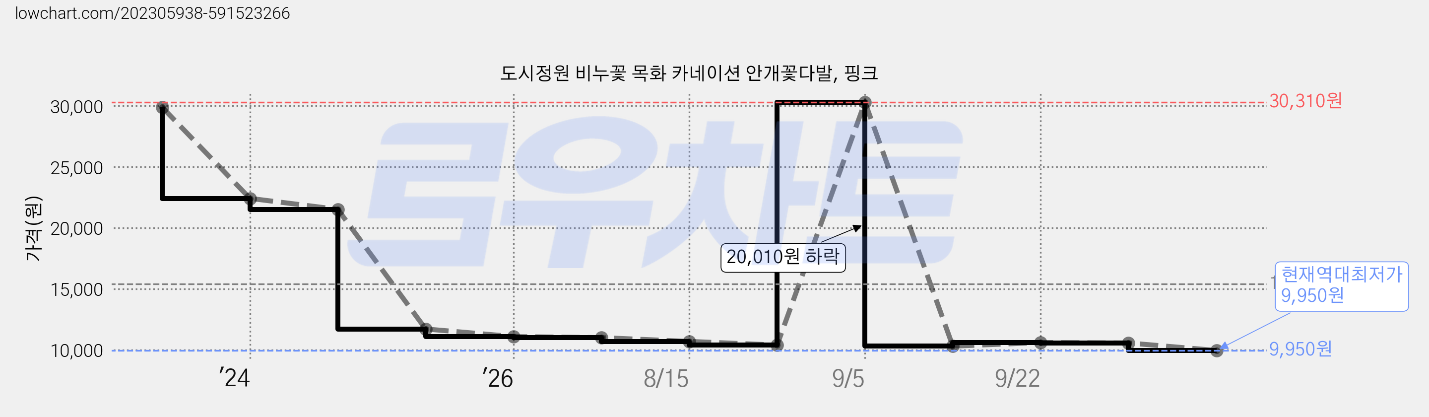 도시정원 비누꽃 목화 카네이션 안개꽃다발, 핑크 가격 변동 차트, 현재가 9,950원, 역대최저가