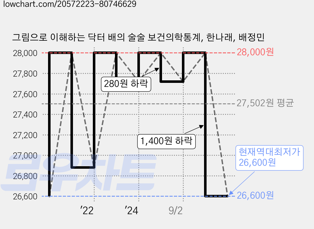 그림으로 이해하는 닥터 배의 술술 보건의학통계, 한나래, 배정민 가격 변동 차트, 현재가 26,600원, 역대최저가