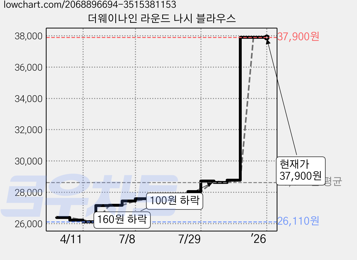 더웨이나인 라운드 나시 블라우스 가격 변동 차트, 현재가 37,900원, 역대최저가