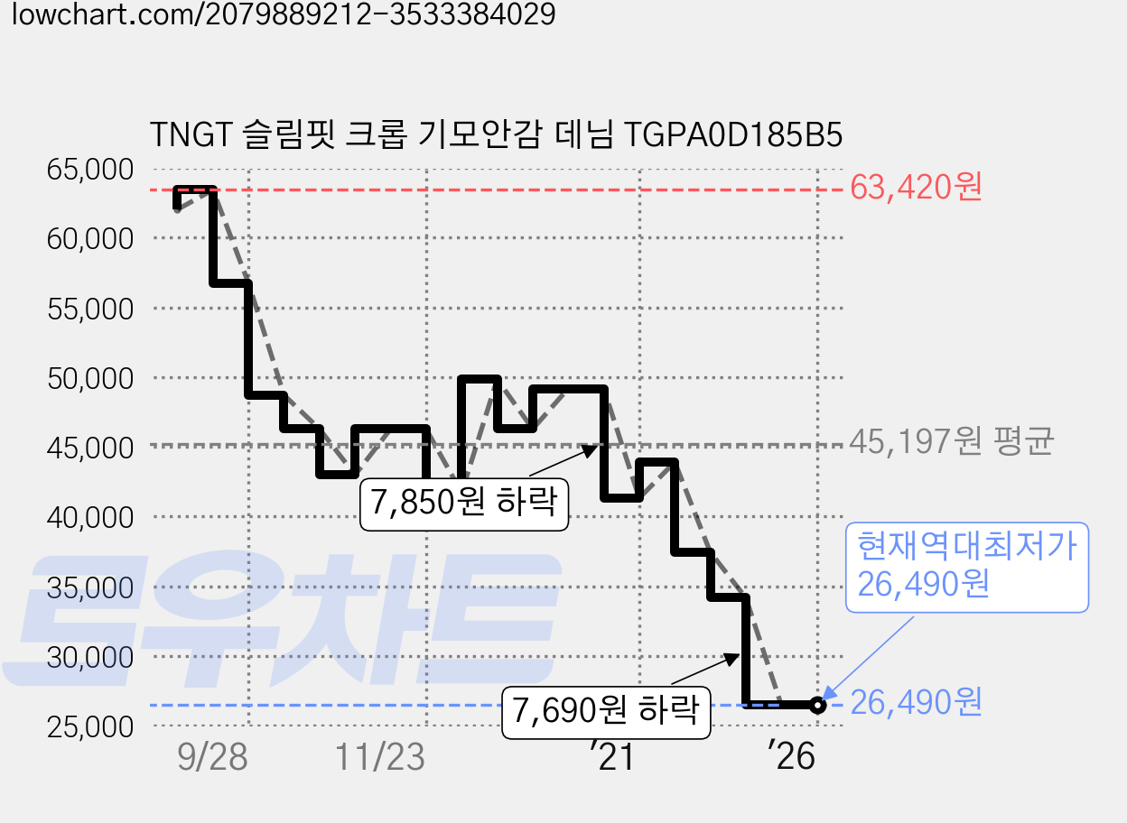 TNGT 슬림핏 크롭 기모안감 데님 TGPA0D185B5 가격 변동 차트, 현재가 26,490원, 역대최저가