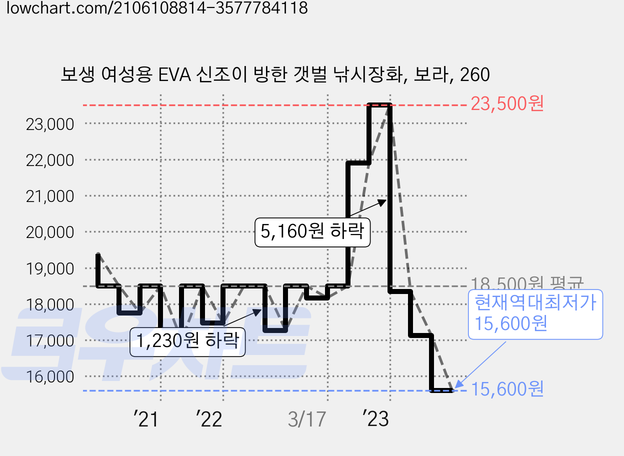보생 여성용 EVA 신조이 방한 갯벌 낚시장화, 보라, 260 가격 변동 차트, 현재가 15,600원, 역대최저가