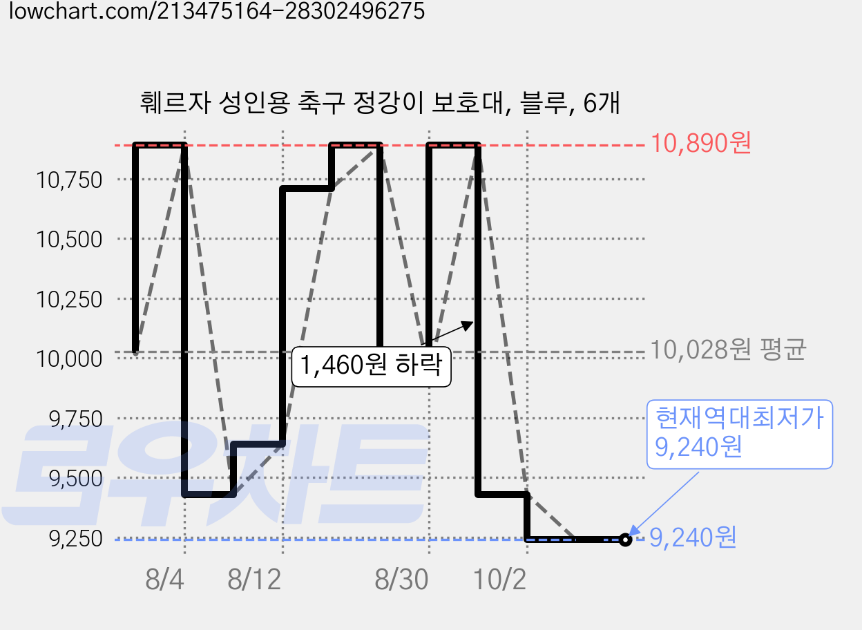 훼르자 성인용 축구 정강이 보호대, 블루, 6개 가격 변동 차트, 현재가 9,240원, 역대최저가