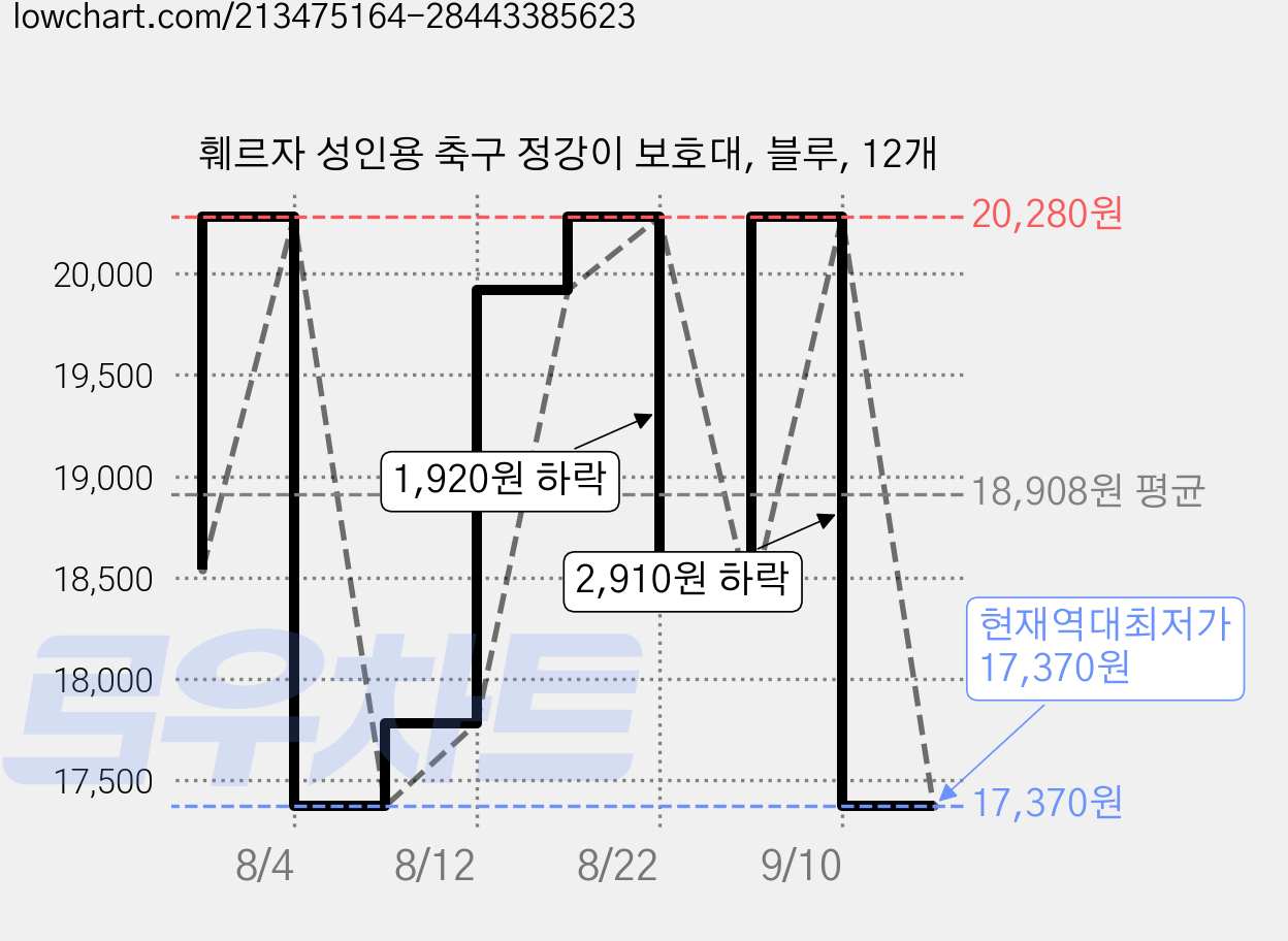 훼르자 성인용 축구 정강이 보호대, 블루, 12개 가격 변동 차트, 현재가 17,370원, 역대최저가