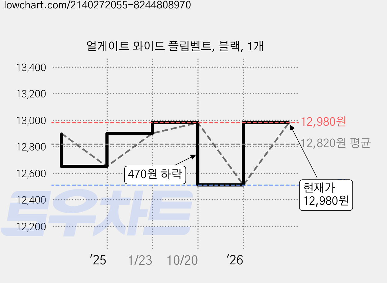 얼게이트 와이드 플립벨트, 블랙, 1개 가격 변동 차트, 현재가 12,980원, 관측 최저가 12,510원
