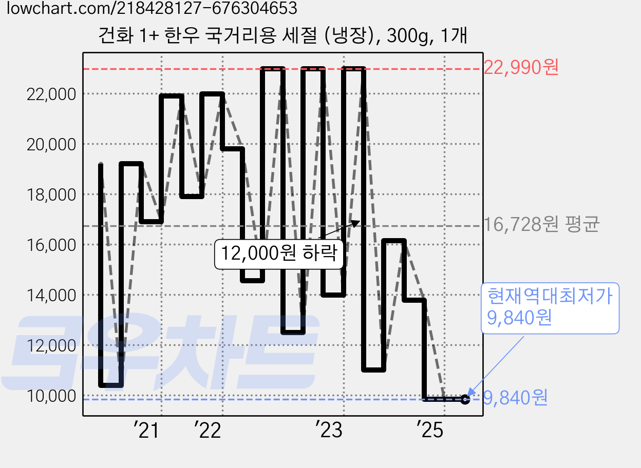 건화 1+ 한우 국거리용 세절 (냉장), 300g, 1개 가격 변동 차트, 현재가 9,840원, 역대최저가