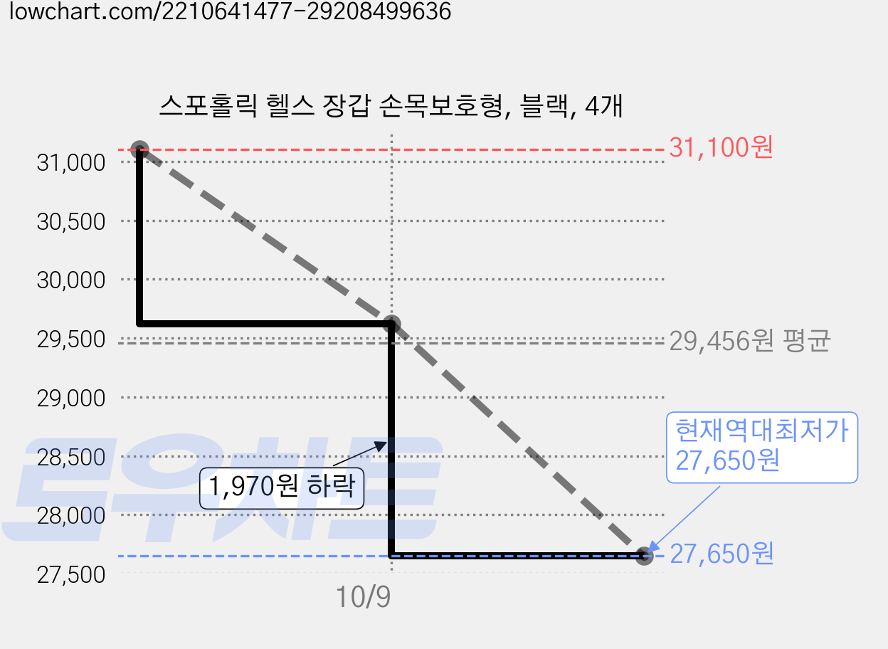 스포홀릭 헬스 장갑 손목보호형, 블랙, 4개 가격 변동 차트, 현재가 27,650원, 역대최저가