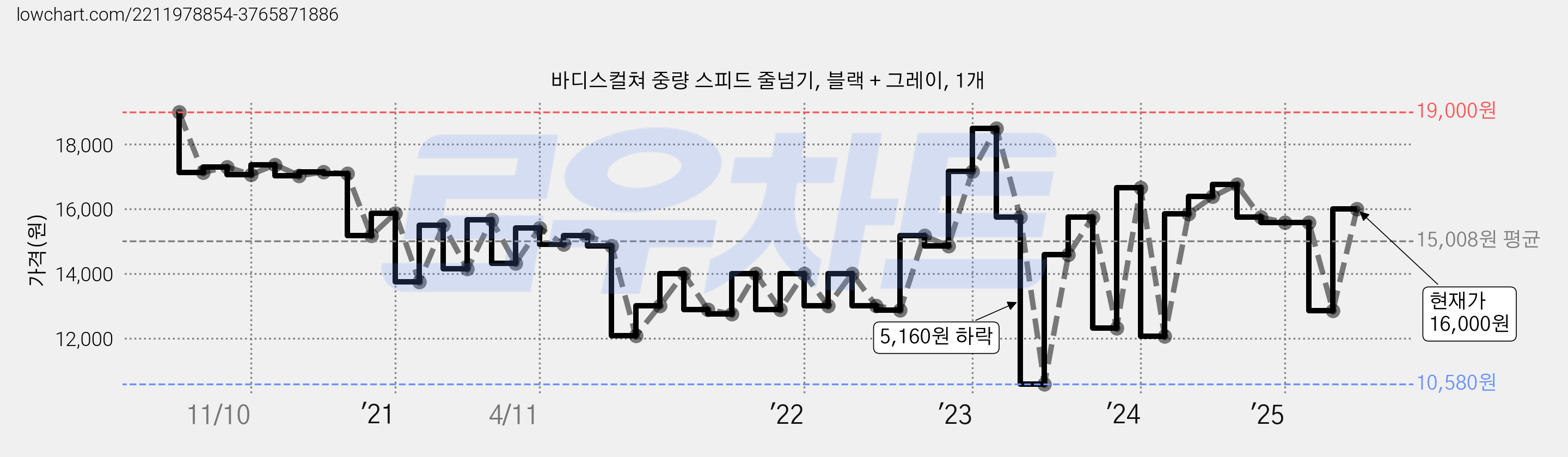 바디스컬쳐 중량 스피드 줄넘기, 블랙 + 그레이, 1개 가격 변동 차트, 현재가 16,000원, 관측 최저가 10,580원
