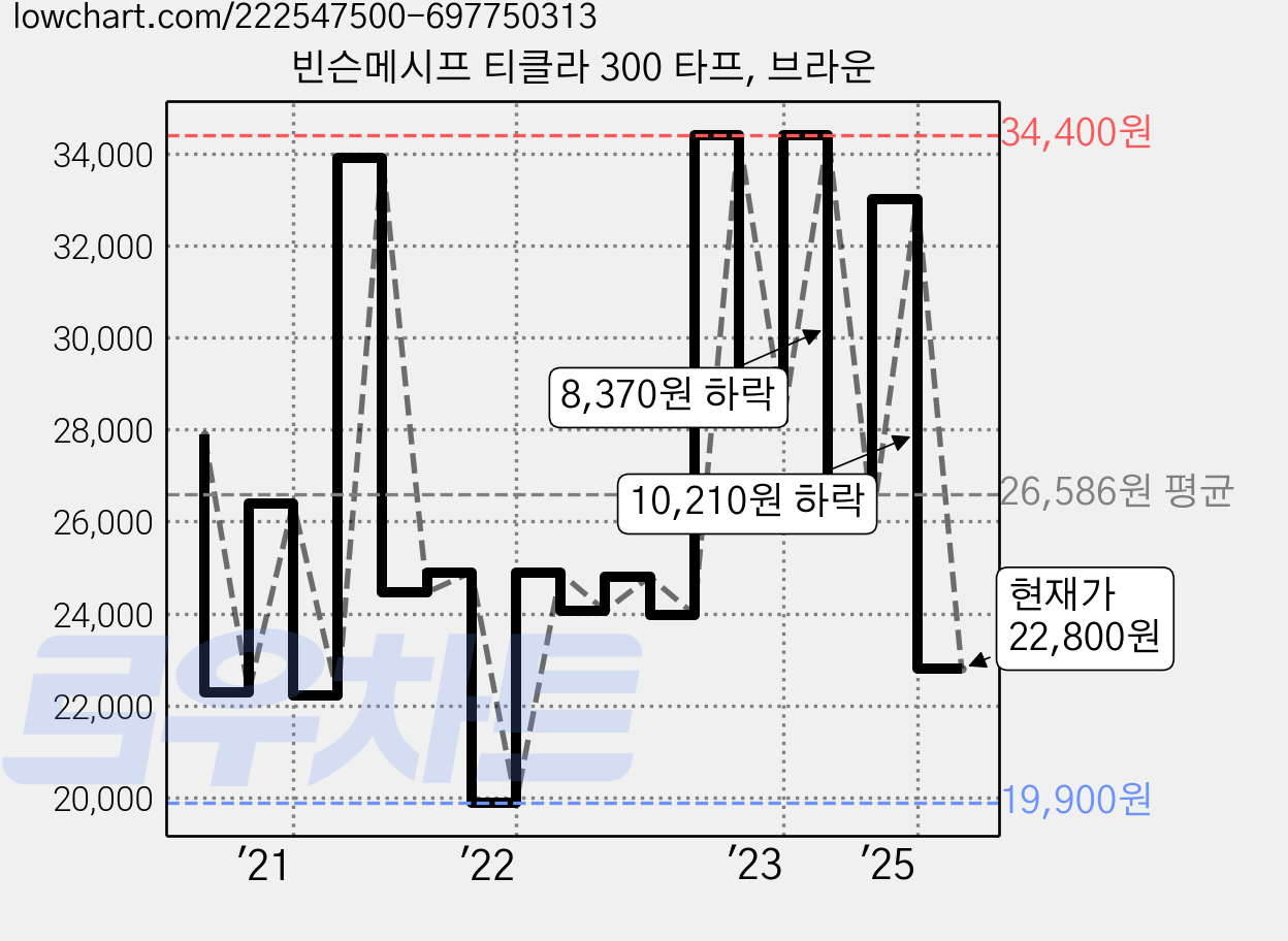 빈슨메시프 티클라 300 타프, 브라운 가격 변동 차트, 현재가 22,800원, 관측 최저가 19,900원