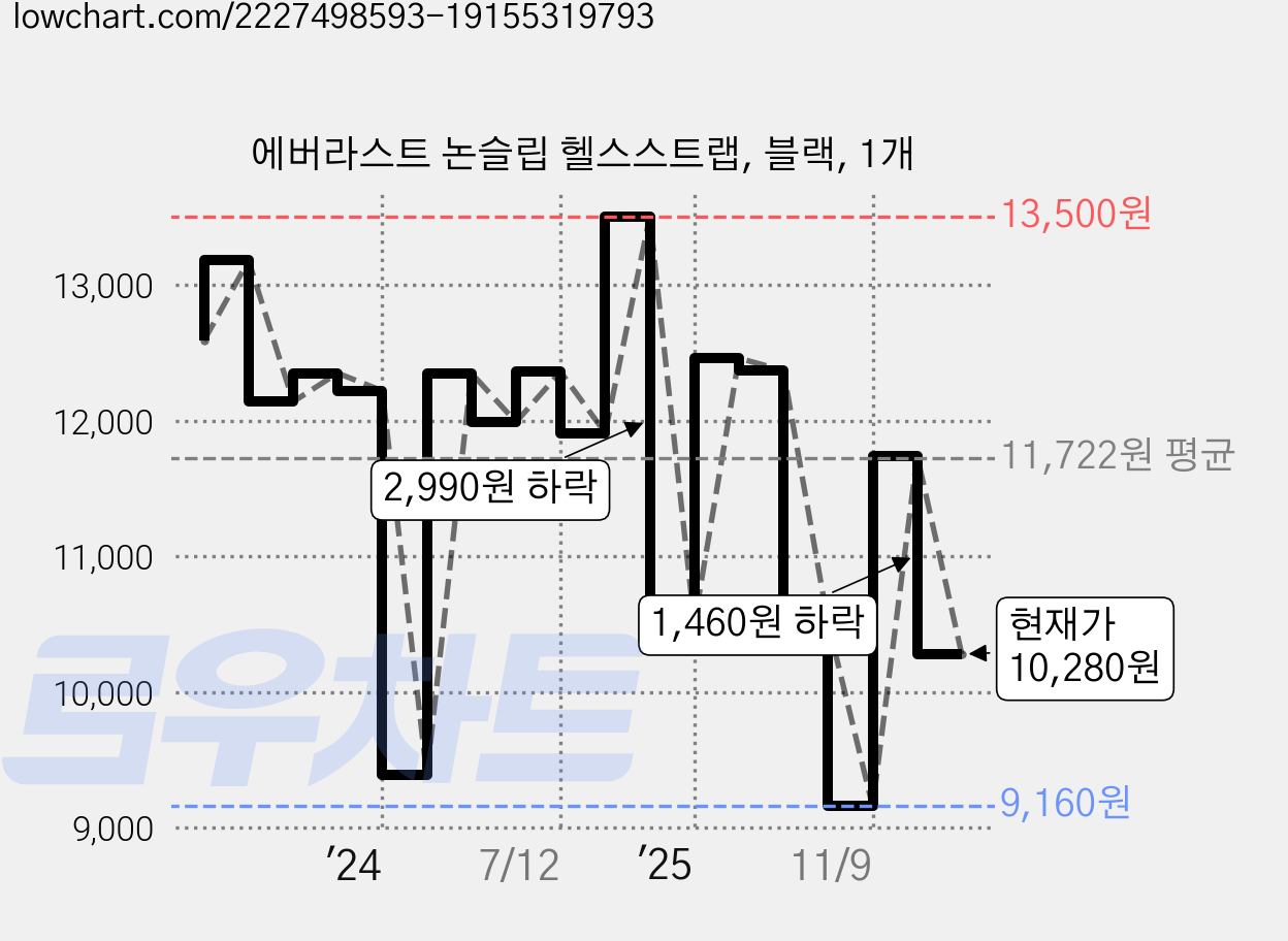 에버라스트 논슬립 헬스스트랩, 블랙, 1개 가격 변동 차트, 현재가 10,280원, 관측 최저가 9,160원