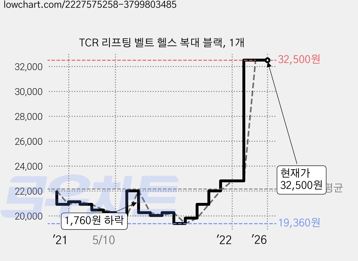 TCR 리프팅 벨트 헬스 복대 블랙, 1개 가격 변동 차트, 현재가 32,500원, 역대최저가